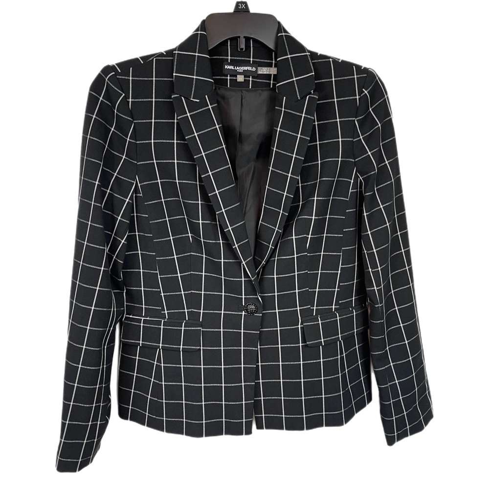 Karl Lagerfeld Plaid Jacket Blazer 10 Black White Career Professional - Picture 2 of 9